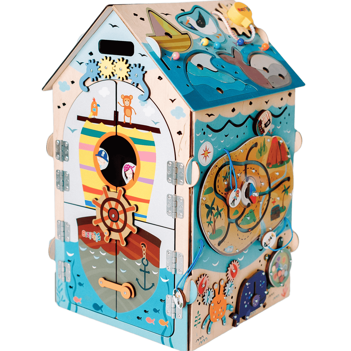 Tablica manipulacyjna Busy House Pirate — drewniana zabawka sensoryczna dla chłopca BiziToys - 1