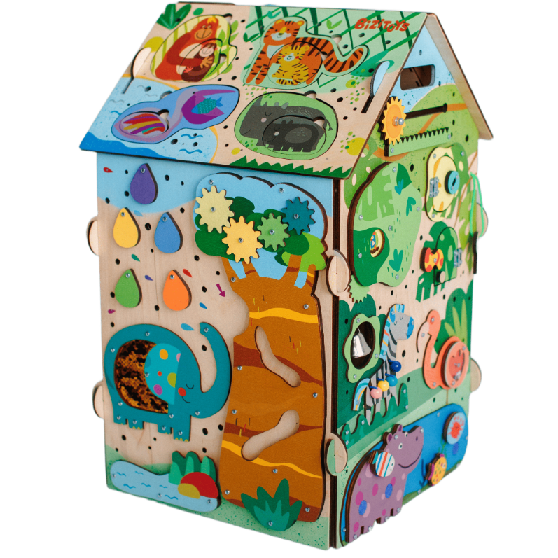 Busy House Jungle widok z boku — duża tablica manipulacyjna z zamkami i zębatkami - 2