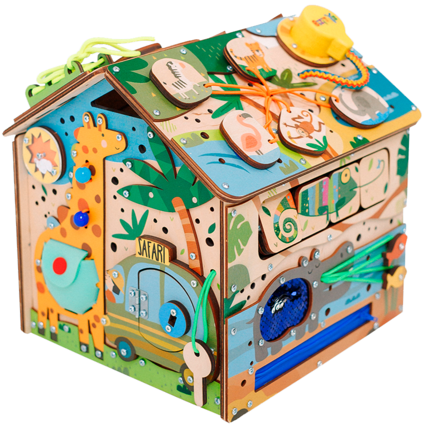 Kostka edukacyjna Busy Cube Safari — drewniana kostka sensoryczna zwierzęta BiziToys - 1