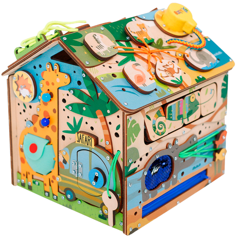 Kostka edukacyjna Busy Cube Safari — drewniana kostka sensoryczna zwierzęta BiziToys - 1