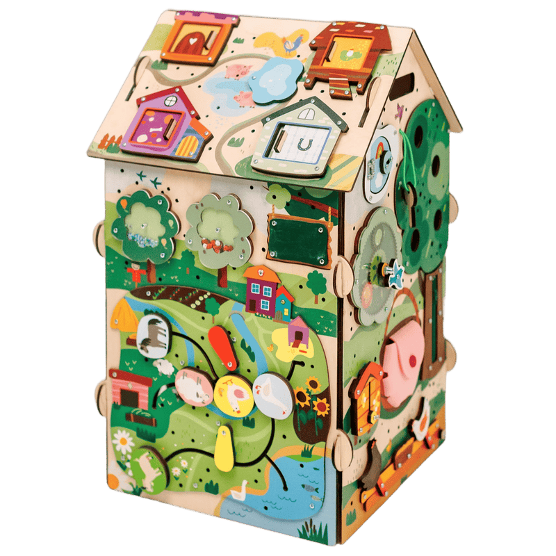 Busy House Farm widok z boku — tablica sensoryczna ze zwierzętami dla dzieci od 1 roku - 2