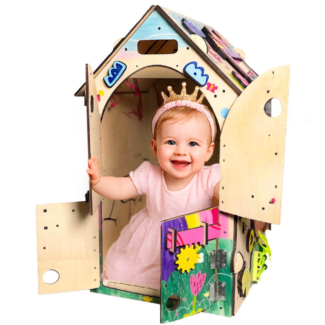 Dziewczynka bawi się tablicą manipulacyjną Busy House Princess — zabawki edukacyjne - 3