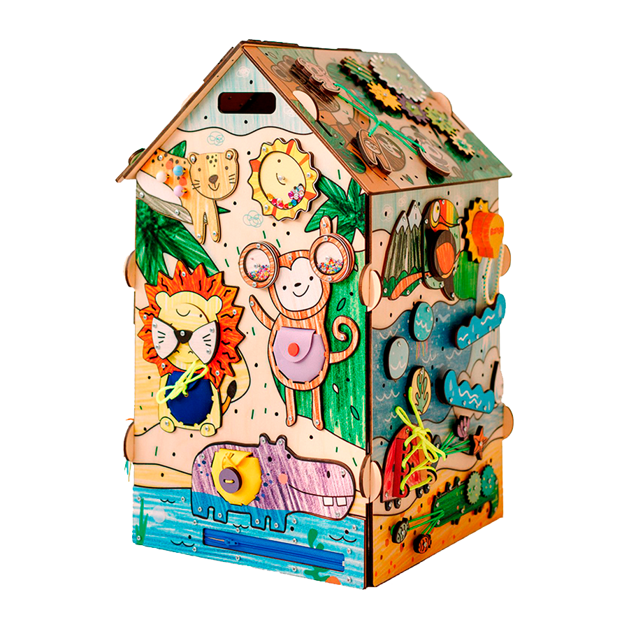 Tablica manipulacyjna Busy House ZOO — drewniana zabawka montessori zwierzęta BiziToys - 1