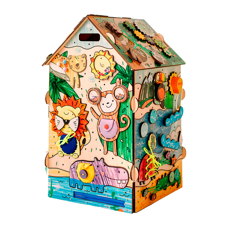 Tablica manipulacyjna Busy House ZOO — drewniana zabawka montessori zwierzęta BiziToys - 1