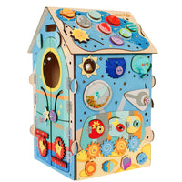 Busy House Space widok z boku — tablica sensoryczna z motywem kosmicznym dla dzieci