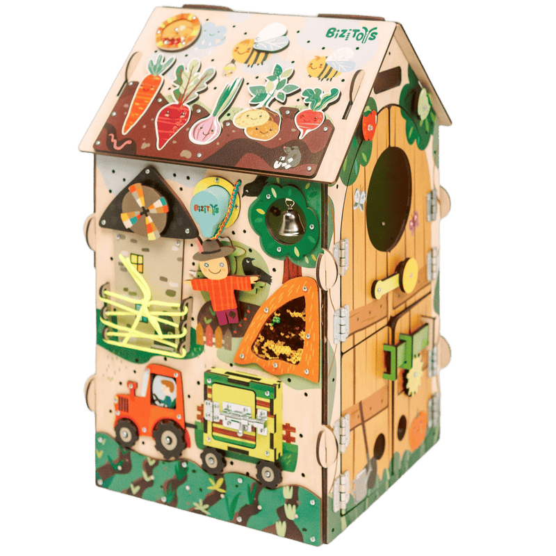 Dziecko odkrywa tablicę manipulacyjną Busy House Farm — prezent na roczek - 4