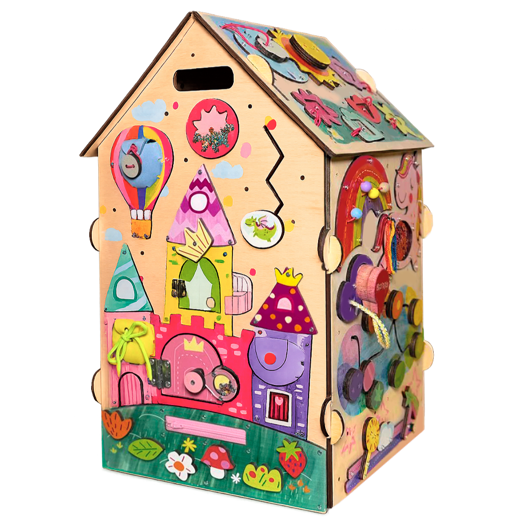 Tablica manipulacyjna Busy House Princess — drewniana zabawka sensoryczna dla dziewczynki BiziToys - 1