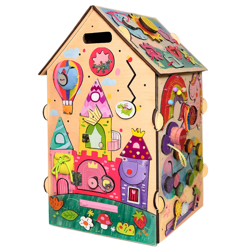 Tablica manipulacyjna Busy House Princess — drewniana zabawka sensoryczna dla dziewczynki BiziToys - 1