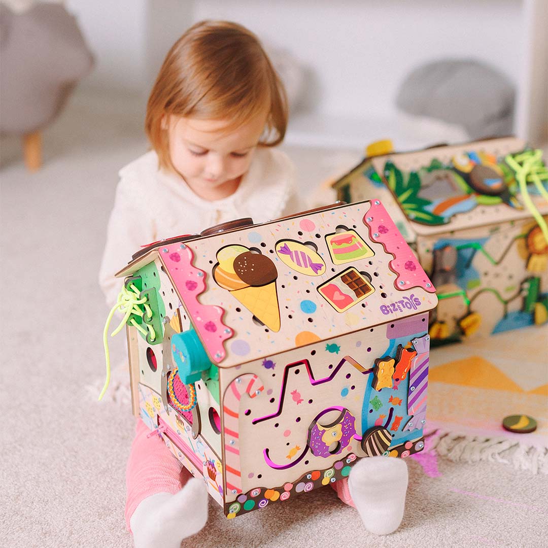 Busy Cube Candy elementy sensoryczne — kolorowe zębatki i zamki - 6