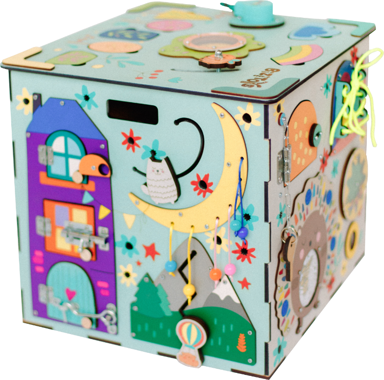 Kostka edukacyjna Busy Cube XL Lunar — duża drewniana kostka sensoryczna montessori BiziToys - 1