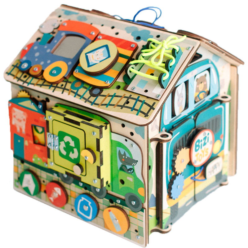 Kostka manipulacyjna Busy Cube Road — drewniana kostka sensoryczna montessori BiziToys - 1