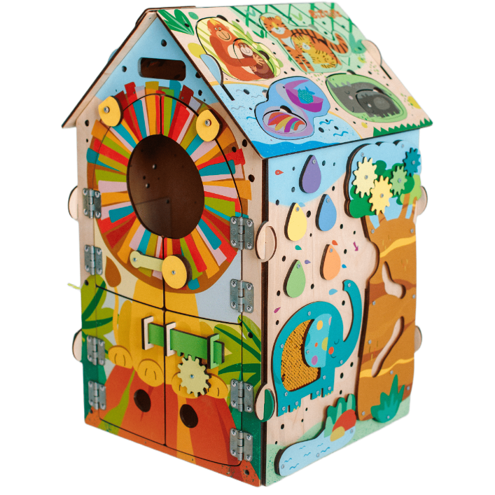 Tablica manipulacyjna Busy House Jungle — drewniana zabawka montessori dla dzieci BiziToys - 1